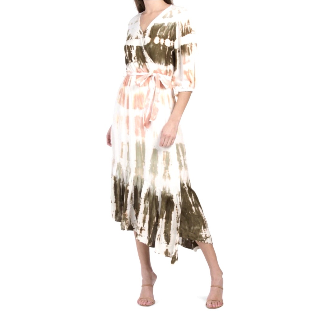 Young Fabulous & Broke Jillian Wrap Tie Dye Midi Dress Geode Seaweed SZ M
